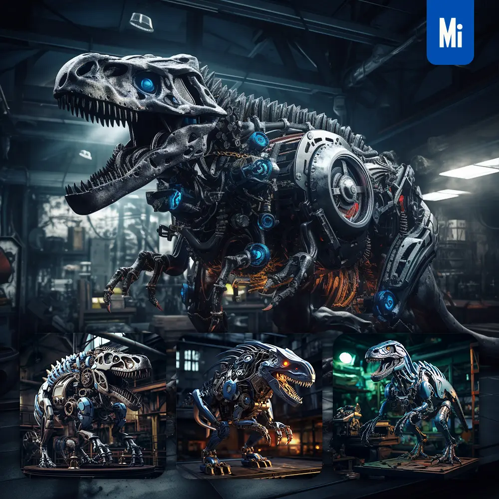 Midjourney Prompt Mechanical Dinosaur Workshop Factory Tyrannosaurus 3D Robot Anatomy Technology