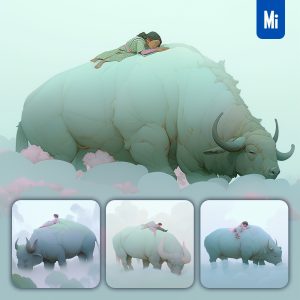 Midjourney Children Sleep Buffalo Illustration 3D Cartoon