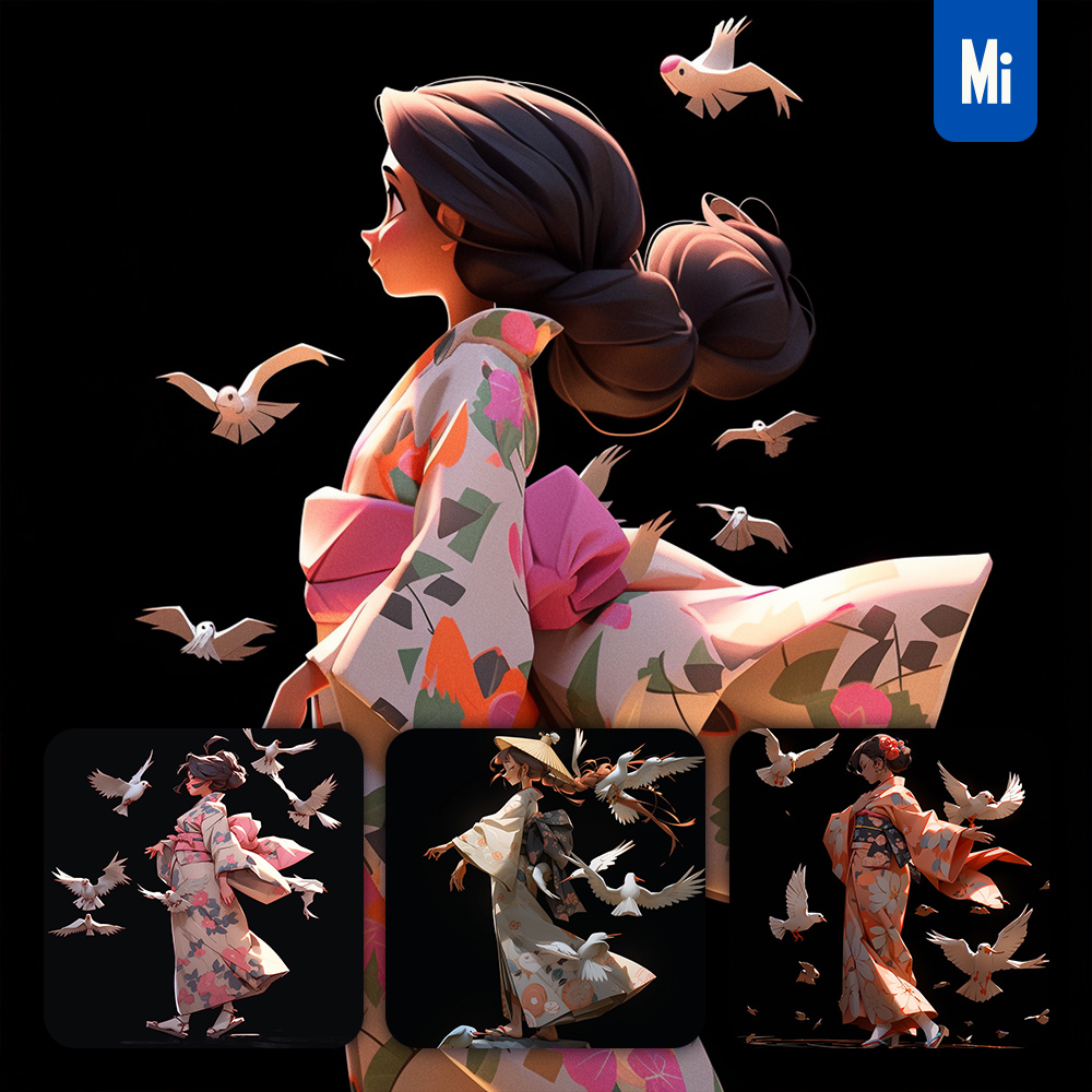 Midjourney Cute Girl Bird Kimono