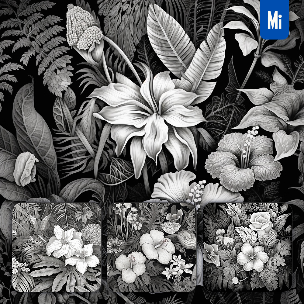 Midjourney Flower Leaves Black and White Drawing Illustration