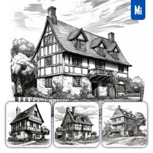 Midjourney House Farm Village Sketch Vintage Illustration
