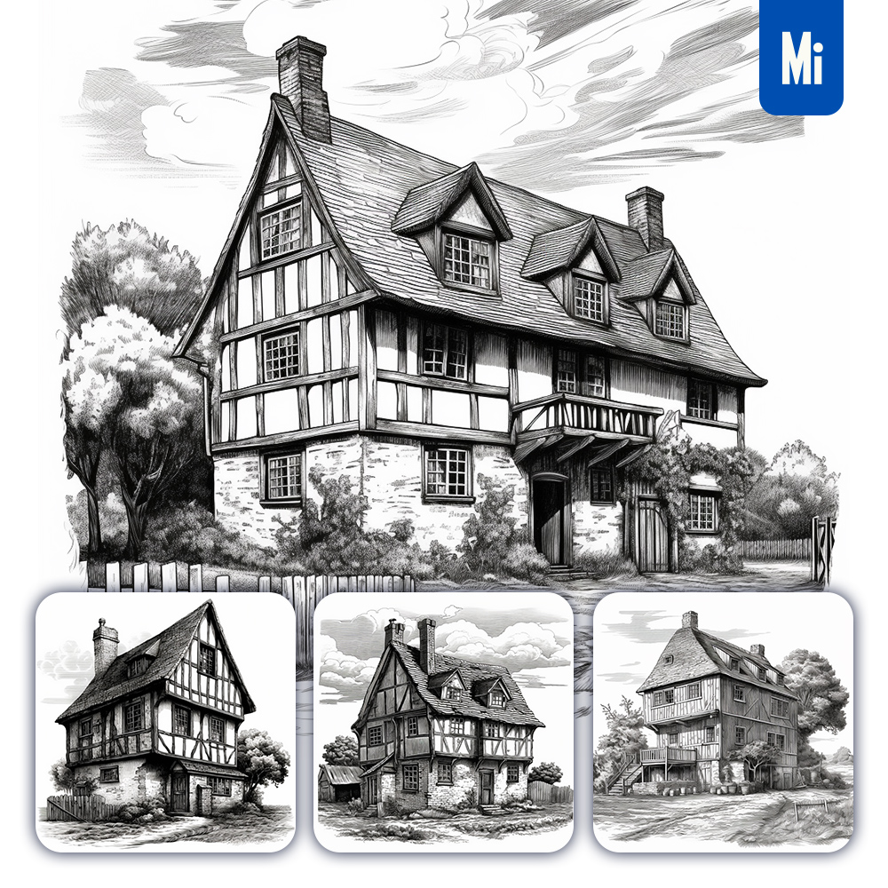 Midjourney House Farm Village Sketch Vintage Illustration