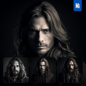 Midjourney Male Man Long Hair Black and White Head Photography
