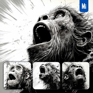 Midjourney Monkey Shout Face Ink Painting Black and White