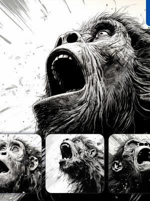 Midjourney Monkey Shout Face Ink Painting Black and White