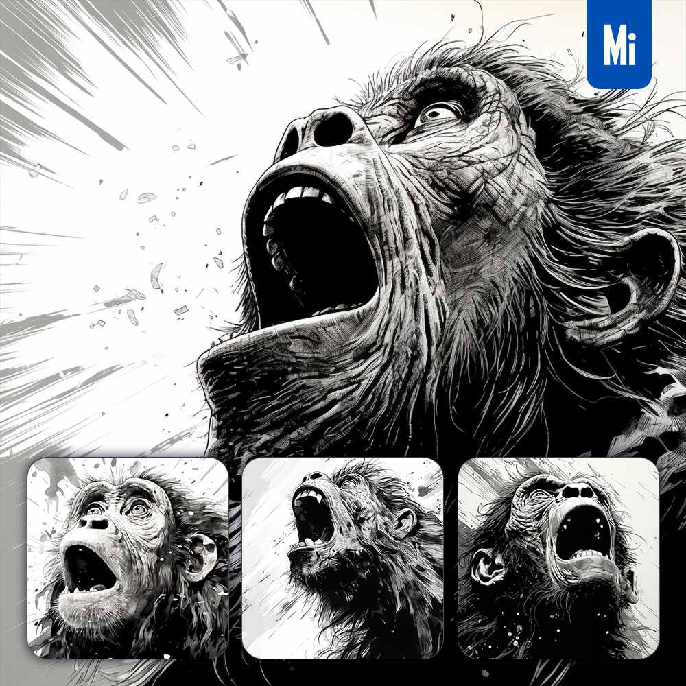 Midjourney Monkey Shout Face Ink Painting Black and White
