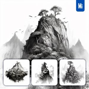 Midjourney Mountain Stone Vine Black and White Ink Painting