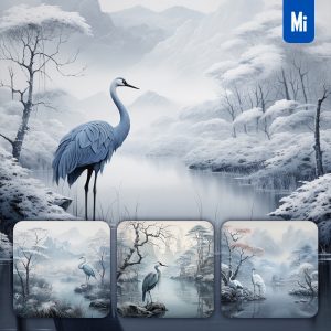 Midjourney Pond Crane Lake Snow Mountain Painting