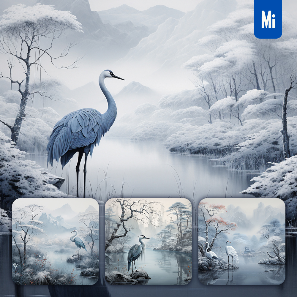 Midjourney Pond Crane Lake Snow Mountain Painting