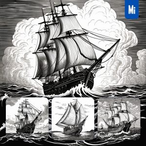 Midjourney Sail Boat Sailing Illustration Black and White