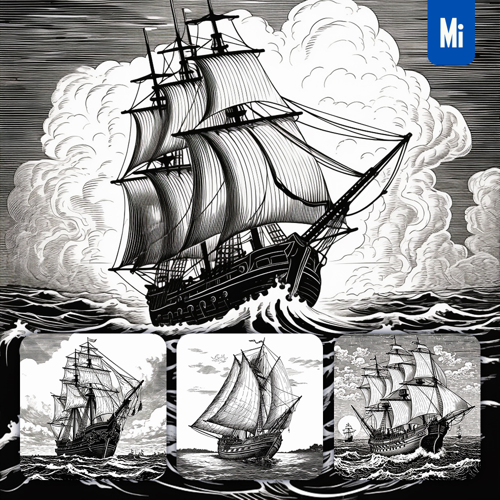Midjourney Sail Boat Sailing Illustration Black and White