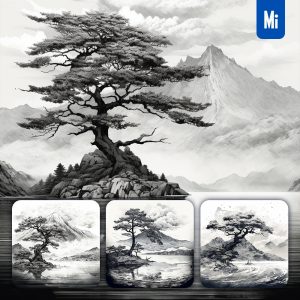 Midjourney Tree Mountain Ink Black and White Painting