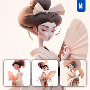 Midjourney Woman Geisha Fan Japanese 3D Cartoon