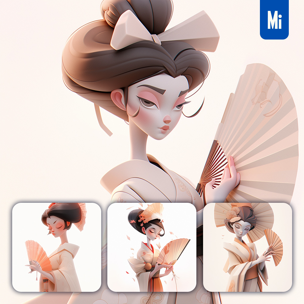 Midjourney Woman Geisha Fan Japanese 3D Cartoon