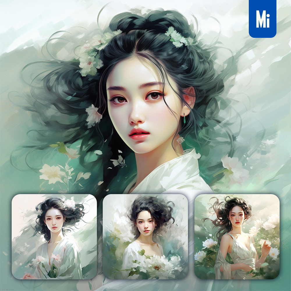 Midjourney Woman Profile Green Flower Painting Ink Brush