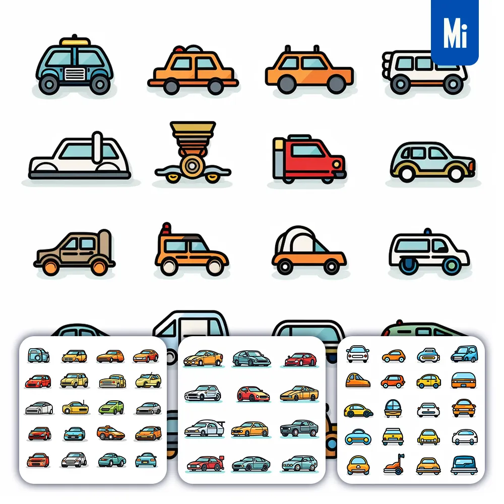 Midjourney Prompt Car Automobile Icon Set Cartoon Vector