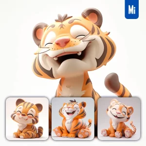 Midjourney Prompt Tiger Popmart Blind Box 3D Cute Smile Sit Toy Cartoon C4D