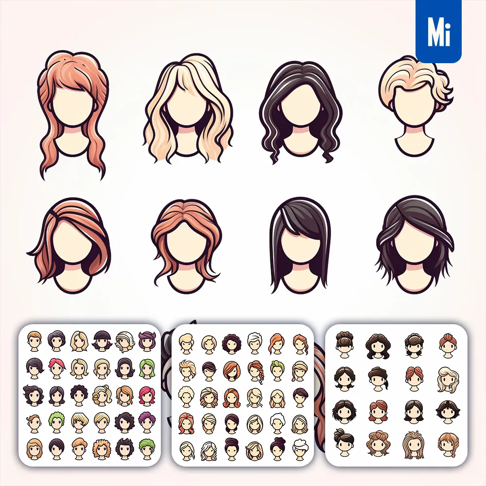 Midjourney Prompt Woman Hair Style Icon Set Cartoon Vector
