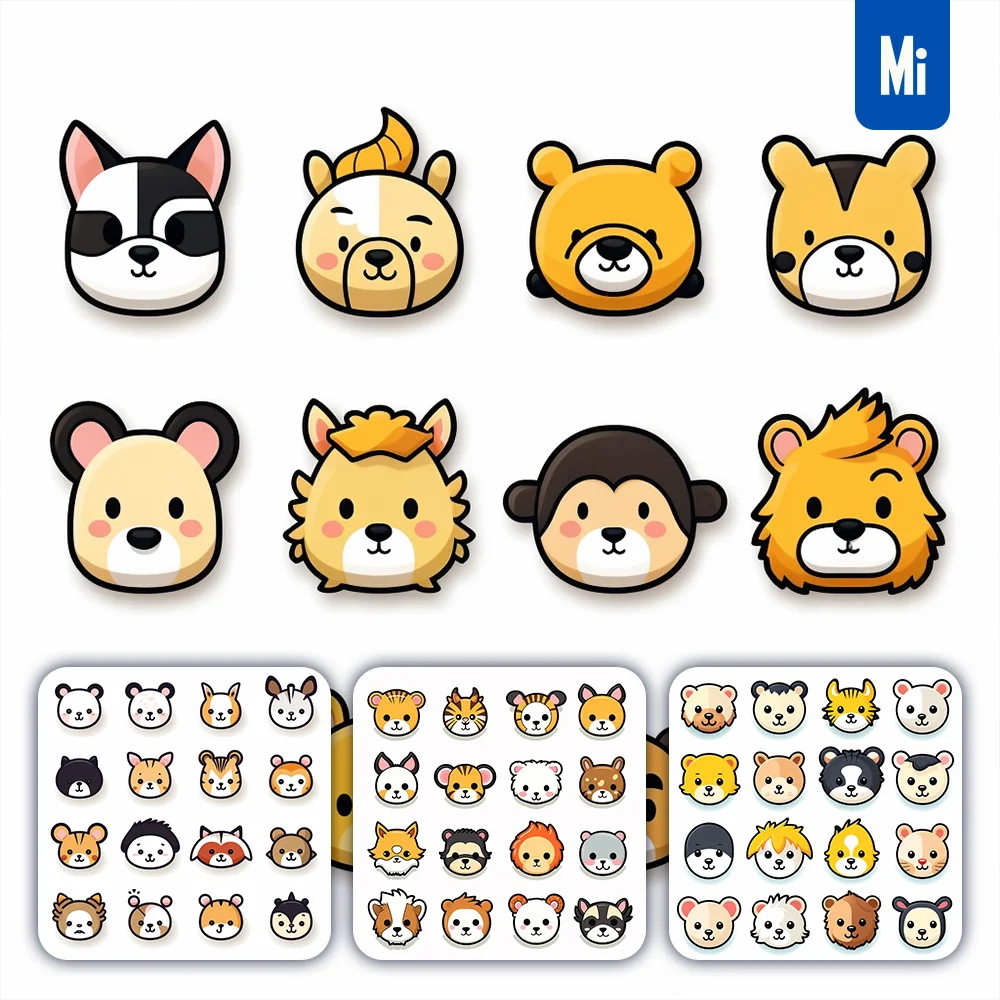 Midjourney Prompt Animal Dog Cat Head Icon Set Cartoon Vector