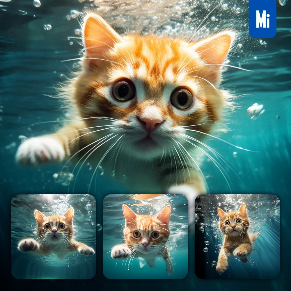 Midjourney Prompt Cat Underwater Swim Sea Light Photography