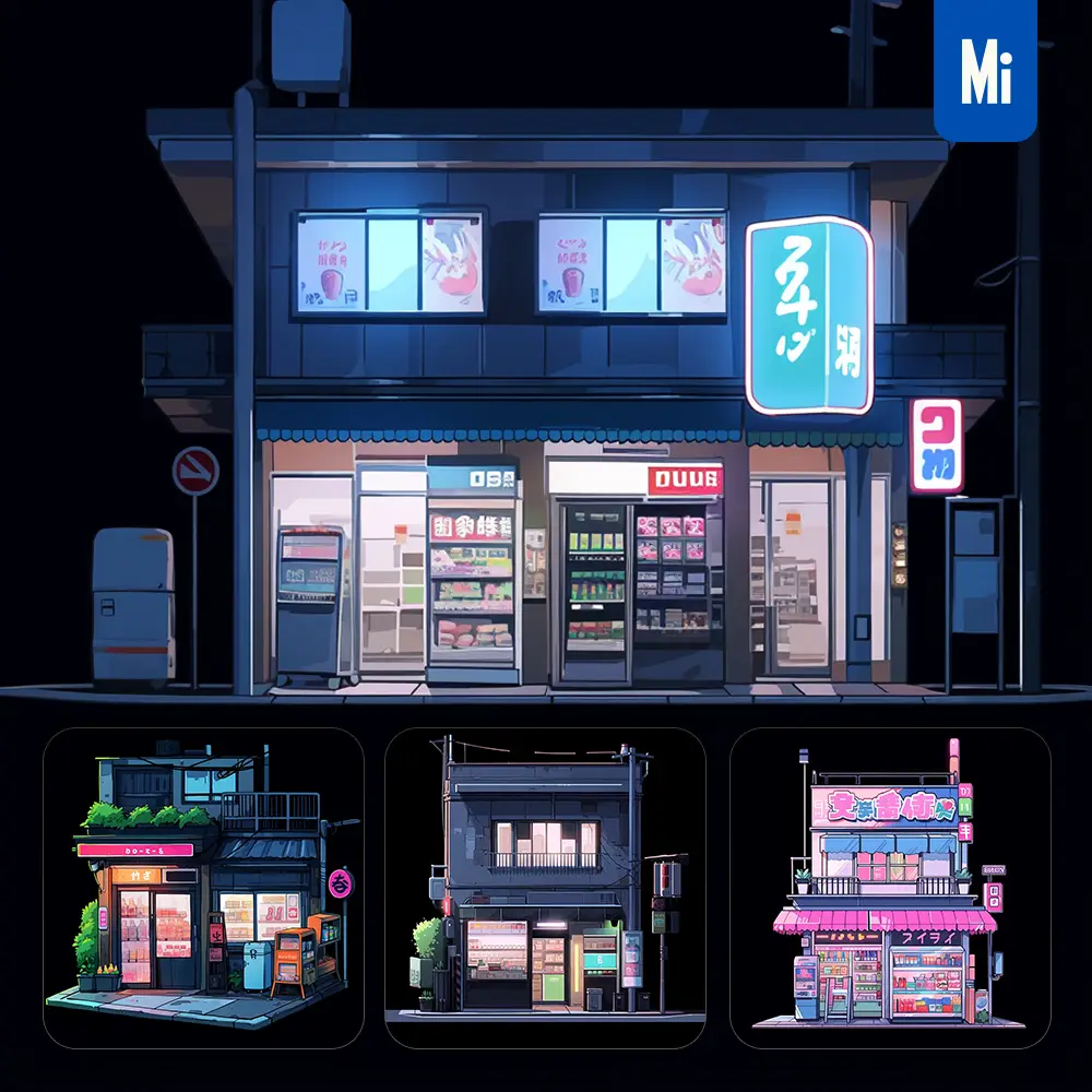 Midjourney Prompt Convenience Store Supermarket Facade Cute Cartoon Illustration