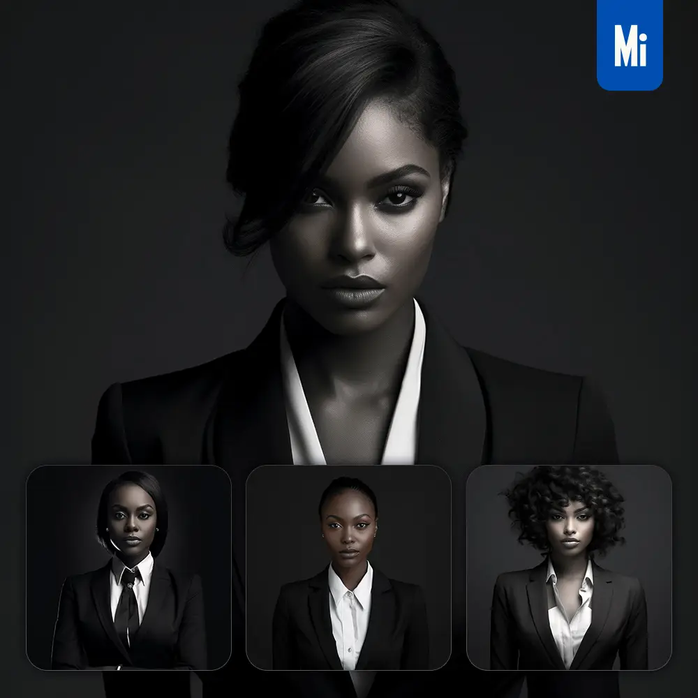 Midjourney Prompt Female African Woman Lady Girl Manager Clerk Black and White Head Photography