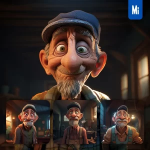 Midjourney Prompt Oldman Grandpa 3D Poor Craftsman Cartoon Animation