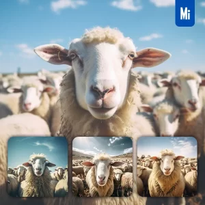 Midjourney Prompt Sheep Front Herd Head Close Up Animal Photography