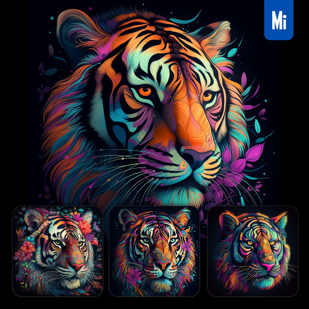 Midjourney Tiger Head Colorful Painting Illustration