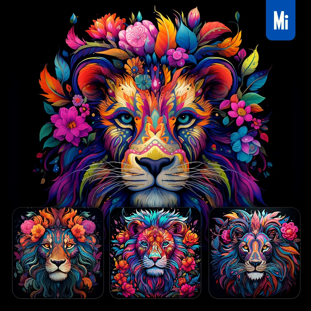 Midjourney Prompt Lion Head Colorful Painting Illustration