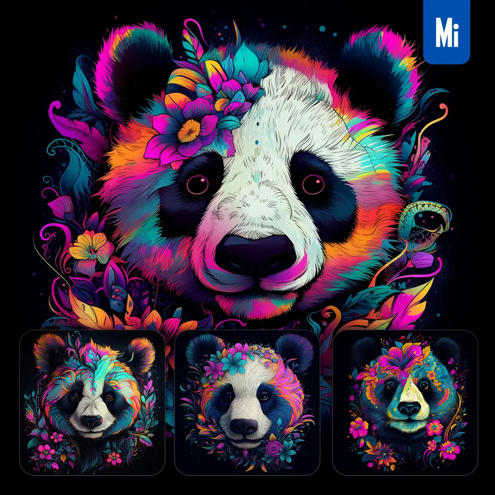 Midjourney Prompt Panda Head Colorful Painting Illustration Flowers