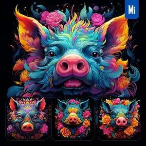 Midjourney Prompt Pig Head Flower Colorful Painting Illustration