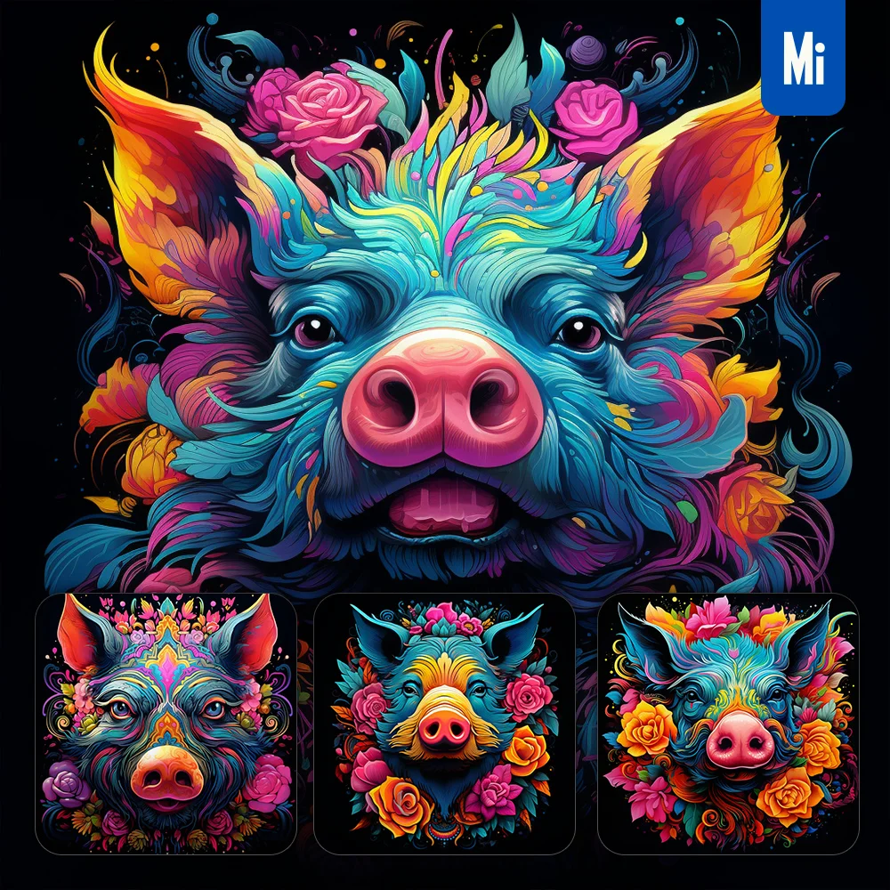 Midjourney Prompt Pig Head Flower Colorful Painting Illustration
