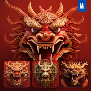 Midjourney Prompt Red Gold Chinese Dragon Head Sculpture