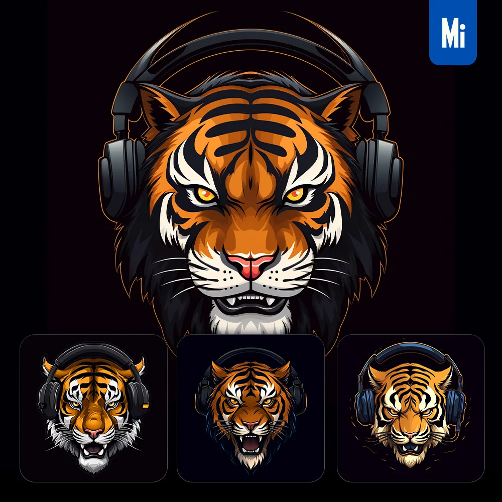 Midjourney Prompt Tiger Face Head Headphones Logo