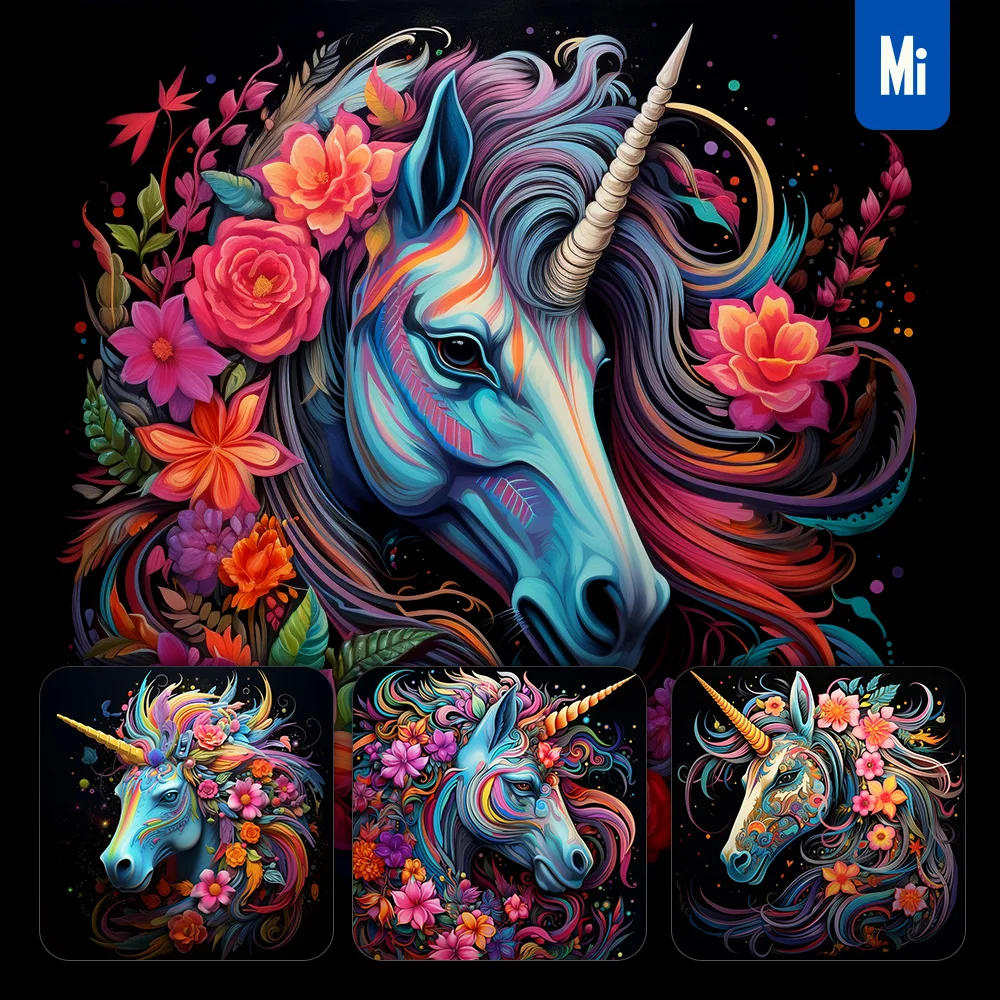 Midjourney Prompt Unicorn Head Flower Colorful Painting Illustration