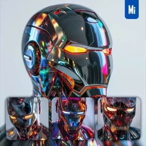 Midjourney Prompt Iron Man Statue Head Glass Metal Material