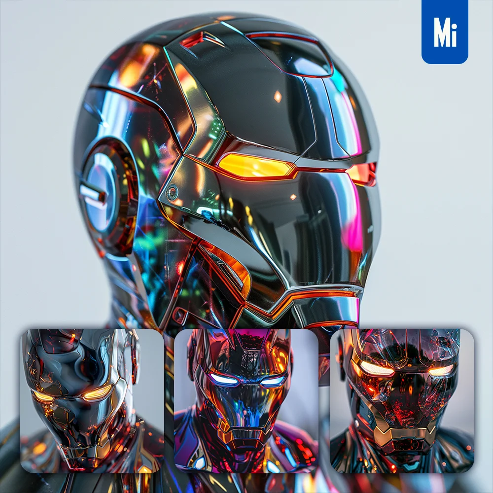 Midjourney Prompt Iron Man Statue Head Glass Metal Material