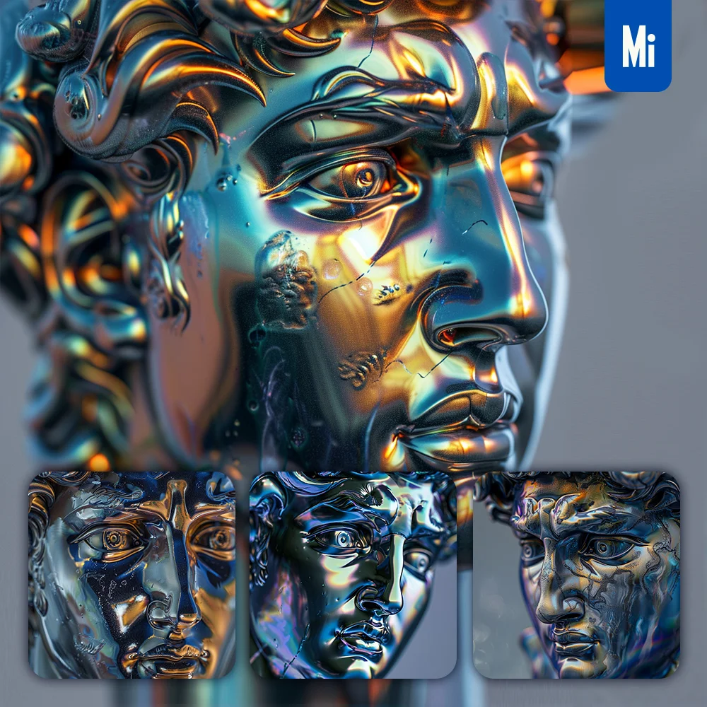 Midjourney Prompt David Statue Head Glass Metal