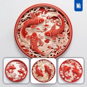 Midjourney Prompt Koi Fish Red Circle Lacquer Carving