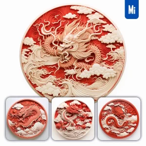 Midjourney Prompt Loong Chinese Dragon Red Circle Lacquer Carving