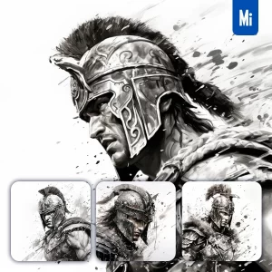 Midjourney Prompt Spartan Warrior Man Helmet Face Head Painting Black and White
