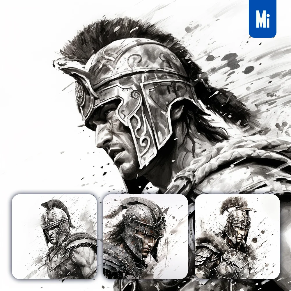 Midjourney Prompt Spartan Warrior Man Helmet Face Head Painting Black and White