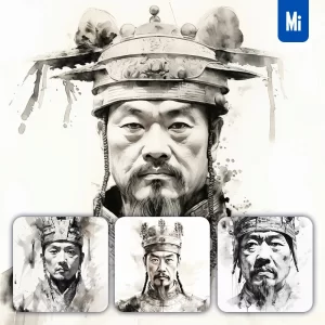 Midjourney Prompt Ancient Chinese Emperor Face Head Painting Black and White