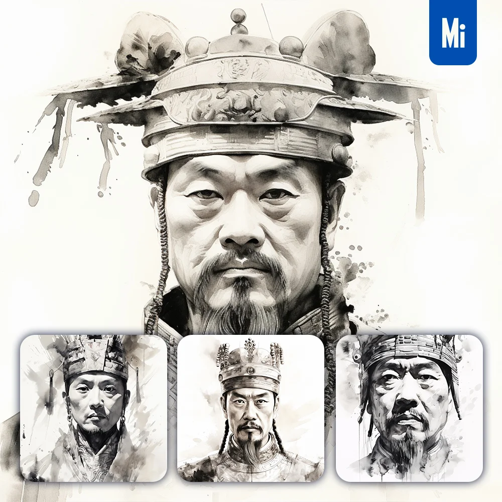 Midjourney Prompt Ancient Chinese Emperor Face Head Painting Black and White