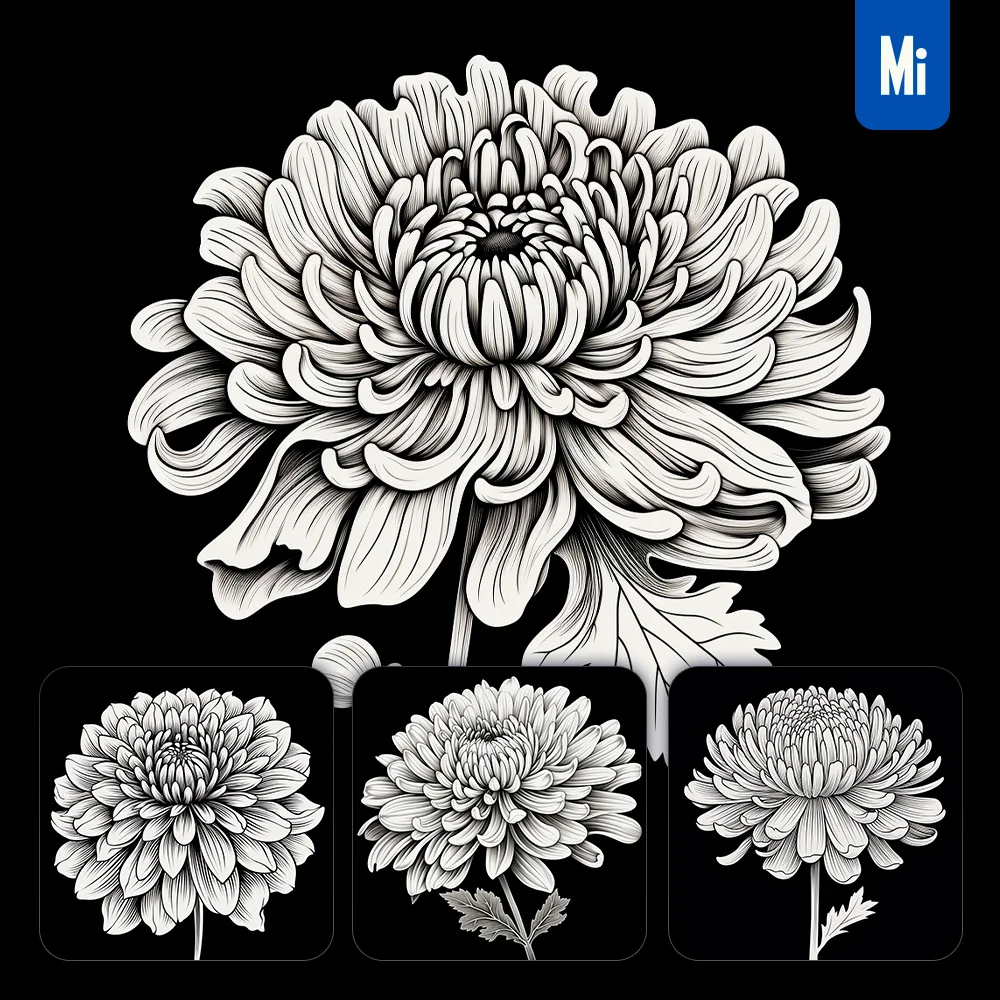 Midjourney Prompt Chrysanthemum Flower Black and White Drawing Victor Ink Illustration Logo