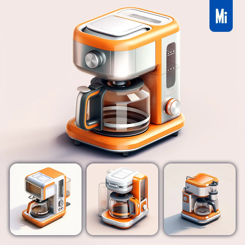 Midjourney Prompt Coffee Maker Orange Isometric Material Industrial Design 3D Icon