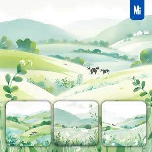 Midjourney Prompt Cow Illustration Simple Green Plant Flower Cow Grazing Drawing Painting Ink Wash