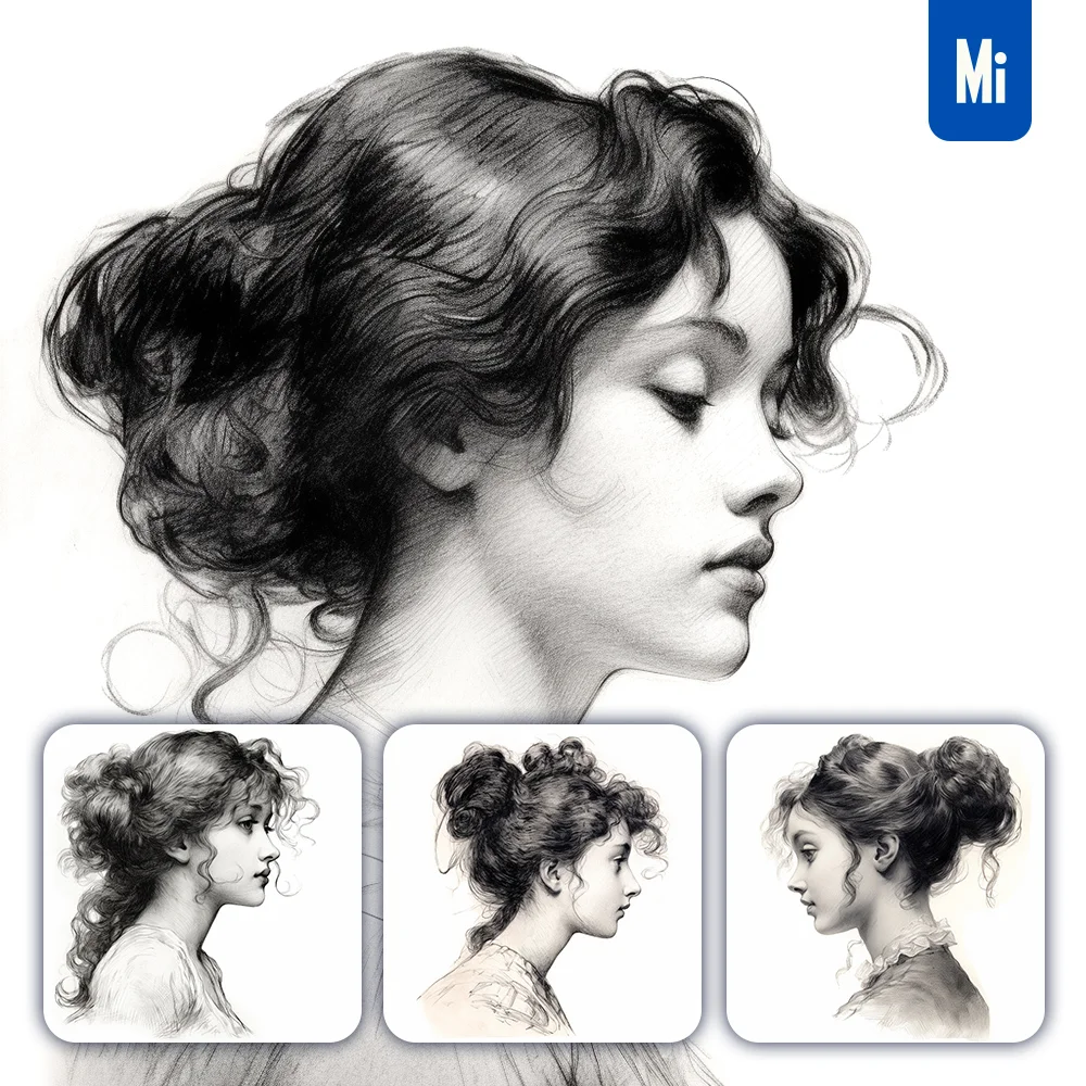 Midjourney Prompt Hair Lady Graphite Pencil Drawing Face Head Woman Sketch