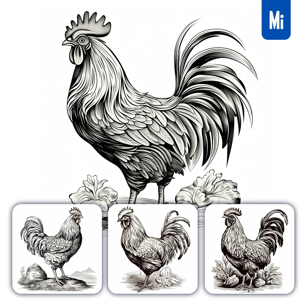 Midjourney Prompt Hen Chicken Vector Logo Illustration Black and White Ink Painting